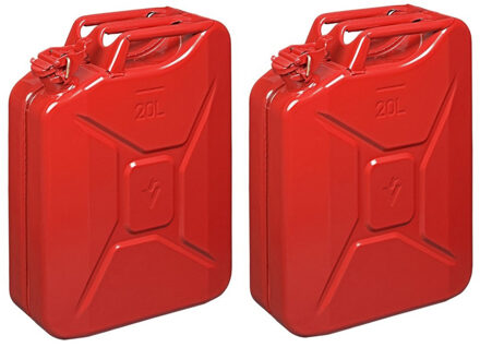 ProPlus Set van 2x stuks metalen jerrycan 20 liter rood - geschikt voor brandstof - benzine / diesel