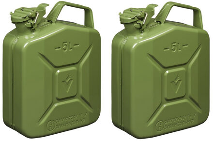 ProPlus Set van 2x stuks metalen jerrycan 5 liter legergroen - geschikt voor brandstof - benzine / diesel