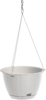 Prosperplast 1x Stuks witte hangende ratolla bloempotten/plantenpotten rotan met schotel 4,85 liter van kunststof