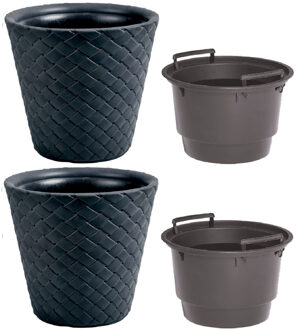 Prosperplast 2x Kunststof Matuba rotan bloempotten/plantenpotten antraciet 40 cm inclusief binnenpot/binnenbak