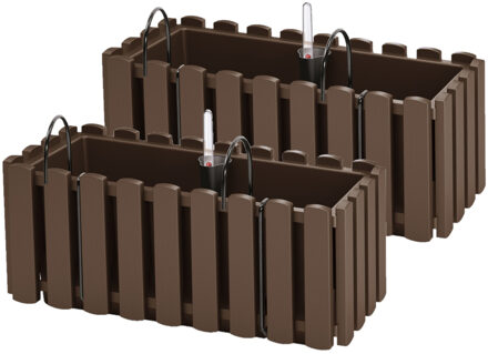 Prosperplast 2x stuks fence-look ophang plantenbakken/bloembakken kunststof 38 x 18 x 16 cm houtbruin - Plantenpotten