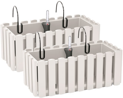 Prosperplast 2x stuks fence-look ophang plantenbakken/bloembakken kunststof 38 x 18 x 16 cm parel wit - Plantenpotten