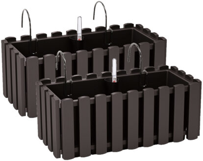 Prosperplast 2x stuks fence-look plantenbak/bloembak - kunststof - 38 x 18 x 16 cm - antraciet - hangend