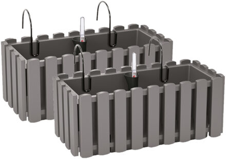 Prosperplast 2x stuks fence-look plantenbak/bloembak - kunststof - 38 x 18 x 16 cm - grijs - hangend