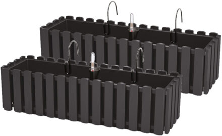 Prosperplast 2x stuks fence-look plantenbak/bloembak - kunststof - 58 x 18 x 16 cm - antraciet - hangend