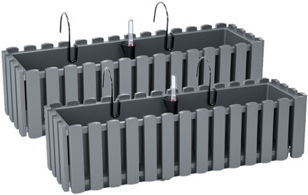 Prosperplast 2x stuks fence-look plantenbak/bloembak - kunststof - 58 x 18 x 16 cm - grijs - hangend