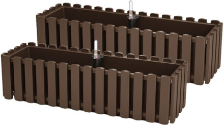 Prosperplast 2x stuks fence-look plantenbak/bloembak - kunststof - 58 x 18 x 16 cm - houtbruin - hangend