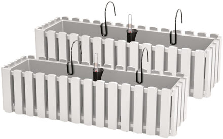 Prosperplast 2x stuks fence-look plantenbak/bloembak - kunststof - 58 x 18 x 16 cm - wit - hangend