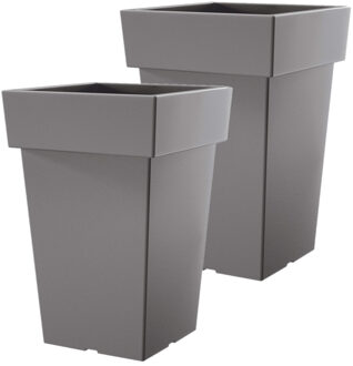 Prosperplast 2x stuks hoge kunststof plantenpot/bloempot Square 19 cm/hoogte 29 cm steengrijs - Plantenpotten