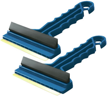 Prosperplast 2x stuks ijskrabber/raamkrabber blauw kunststof met koper blad en rubberen trekker 9 x 16 cm - IJskrabbers