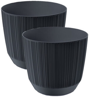 Prosperplast 2x stuks moderne carf-stripe plantenpot/bloempot kunststof dia 13 cm/hoogte 11 cm antraciet grijs - Plantenpotten