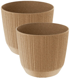 Prosperplast 2x stuks moderne carf-stripe plantenpot/bloempot kunststof dia 13 cm/hoogte 11 cm eco/aarde beige - Plantenpotten