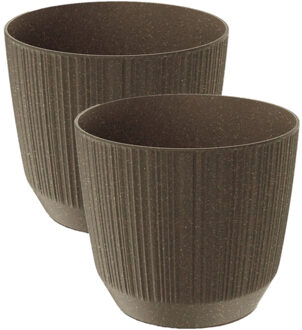 Prosperplast 2x stuks moderne carf-stripe plantenpot/bloempot kunststof dia 13 cm/hoogte 11 cm eco/aarde bruin - Plantenpotten