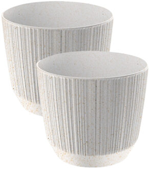 Prosperplast 2x stuks moderne carf-stripe plantenpot/bloempot kunststof dia 13 cm/hoogte 11 cm eco/hout wit - Plantenpotten