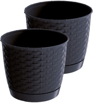 Prosperplast 2x stuks ronde gevlochten plantenpotten/bloempotten kunststof dia 16.5 cm en hoogte 14 cm antraciet