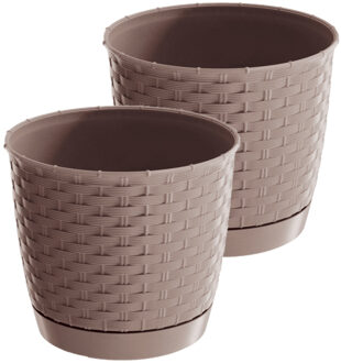 Prosperplast 2x stuks ronde gevlochten plantenpotten/bloempotten kunststof dia 16.5 cm en hoogte 14 cm taupe - Plantenpotten