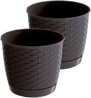 Prosperplast 2x stuks ronde gevlochten plantenpotten/bloempotten kunststof dia 25 cm en hoogte 22 cm donkerbruin