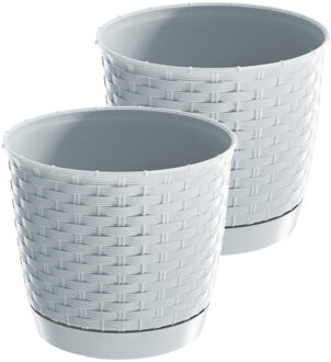 Prosperplast 2x stuks ronde gevlochten plantenpotten/bloempotten kunststof dia 30 cm en hoogte 26 cm parel wit