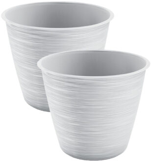 Prosperplast 2x stuks stijlvolle kunststof plantenpot/bloempot dia 15 cm/hoogte 12.5 cm Paintstripe wit - Plantenpotten