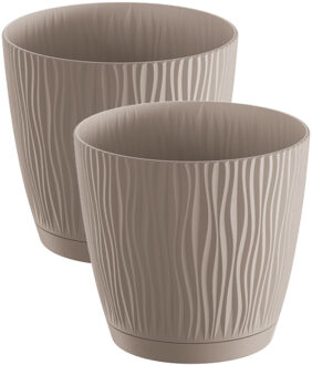 Prosperplast 2x stuks stijlvolle kunststof plantenpot/bloempot dia 15 cm/hoogte 14 cm Waves taupe - Plantenpotten