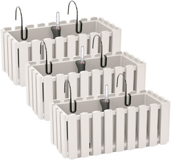 Prosperplast 3x stuks fence-look ophang plantenbakken/bloembakken kunststof 38 x 18 x 16 cm parel wit