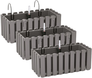 Prosperplast 3x stuks fence-look plantenbak/bloembak - kunststof - 38 x 18 x 16 cm - grijs - hangend
