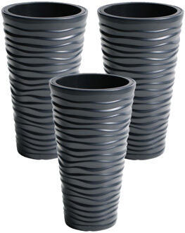 Prosperplast 3x stuks kunststof Sand bloempot/plantenpot met binnenpot antraciet 35 x 62 cm