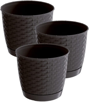 Prosperplast 3x stuks ronde gevlochten plantenpotten/bloempotten kunststof dia 16.5 cm en hoogte 14 cm donkerbrui