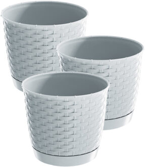 Prosperplast 3x stuks ronde gevlochten plantenpotten/bloempotten kunststof dia 25 cm en hoogte 22 cm parel wit
