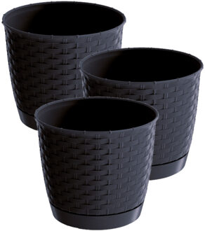 Prosperplast 3x stuks ronde gevlochten plantenpotten/bloempotten kunststof dia 30 cm en hoogte 26 cm antraciet gr