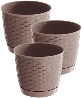 Prosperplast 3x stuks ronde gevlochten plantenpotten/bloempotten kunststof dia 30 cm en hoogte 26 cm taupe