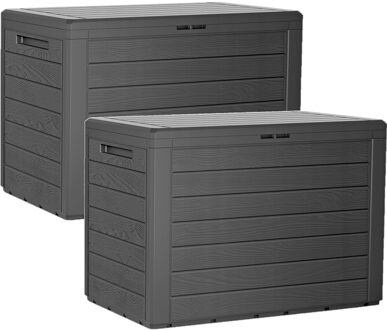 Prosperplast antraciet tuin kussen opbergbox - 2x - hout patroon - 190 liter - kunststof - Tuinopber