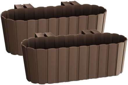Prosperplast Balkon plantenbak/bloembak - Set van 2x stuks - met haken - kunststof - rechthoekige - bruin - 38 cm