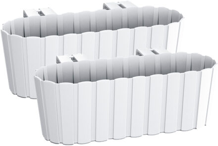 Prosperplast Balkon plantenbak/bloembak - Set van 2x stuks - met haken - kunststof - rechthoekige - wit - 38 cm