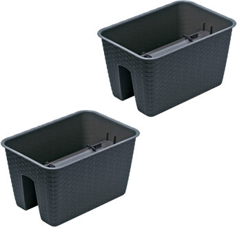 Prosperplast Balkon plantenbak Ratolla - 2x - kunststof - voor reling/balustrade - grijs - 40 cm - rotan look