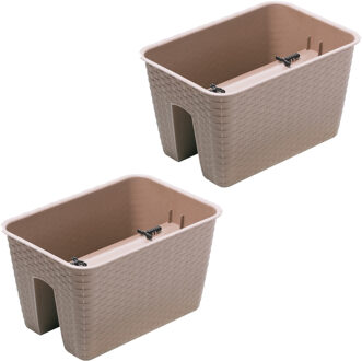 Prosperplast Balkon plantenbak Ratolla - 2x - kunststof - voor reling/balustrade - taupe - 40 cm - rotan look