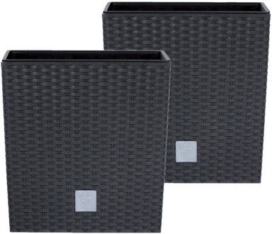 Prosperplast Bloempot/plantenpot Rato - 2x - rotan look - met binnenpot - antraciet - 40 x 40 x 41 cm - kunststof