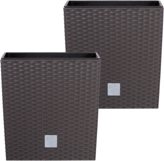Prosperplast Bloempot/plantenpot Rato - 2x - rotan look - met binnenpot - bruin - 26 x 26 x 27 cm - kunststof