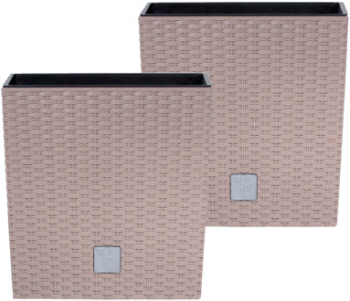 Prosperplast Bloempot/plantenpot Rato - 2x - rotan look - met binnenpot - taupe - 20 x 20 x 20 cm - kunststof