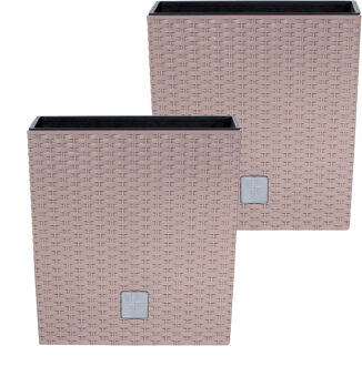 Prosperplast Bloempot/plantenpot Rato - 2x - rotan look - met binnenpot - taupe - 22 x 22 x 23 cm - kunststof