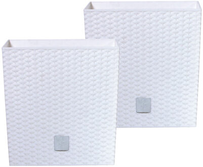 Prosperplast Bloempot/plantenpot Rato - 2x - rotan look - met binnenpot - wit - 20 x 20 x 20 cm - kunststof