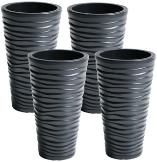 Prosperplast Bloempot/plantenpot Sand - 4x stuks - kunststof - met binnenpot - antraciet - D35 x H62 cm - voor bi