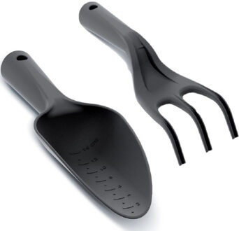 Prosperplast Harken setje - Zwarte kunststof hand hark - en diepe tuinschep - 26 en 29 cm