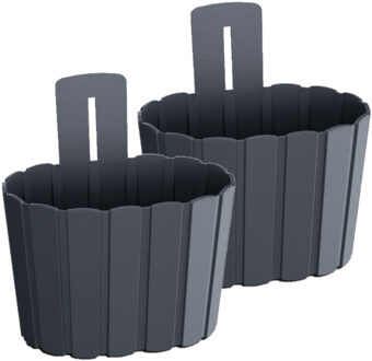 Prosperplast Muur plantenpot/bloempot houtlook - Set van 2x stuks - kunststof - 20 x 15 cm - antraciet