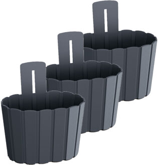 Prosperplast Muur plantenpot/bloempot houtlook - Set van 3x stuks - kunststof - 20 x 15 cm - antraciet