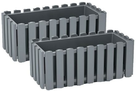 Prosperplast Plantenbak/bloembak Fence look - 2x - kunststof - steengrijs - 38 x 18 x 16 cm