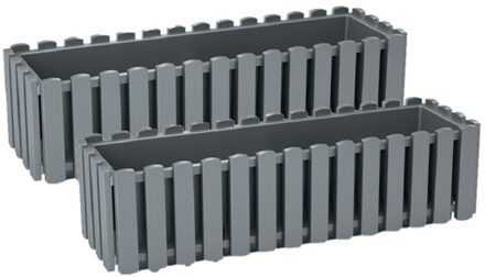 Prosperplast Plantenbak/bloembak Fence look - 2x - kunststof - steengrijs - 58 x 18 x 16 cm