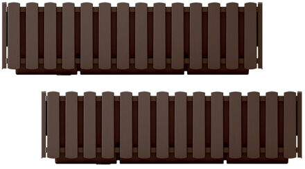 Prosperplast Plantenbak/bloembak Fence look - 2x stuks - kunststof - houtbruin - 58 x 18 x 16 cm