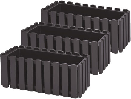 Prosperplast Plantenbak/bloembak Fence look - 3x stuks - kunststof - antraciet - 38 x 18 x 16 cm