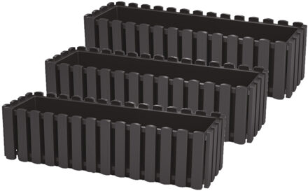 Prosperplast Plantenbak/bloembak Fence look - 3x stuks - kunststof - antraciet - 58 x 18 x 16 cm